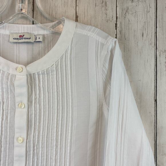 Vineyard Vines White Cap Cotton Relaxed Dobby Print Pintuck Popover Top Size 4 - Picture 2 of 10